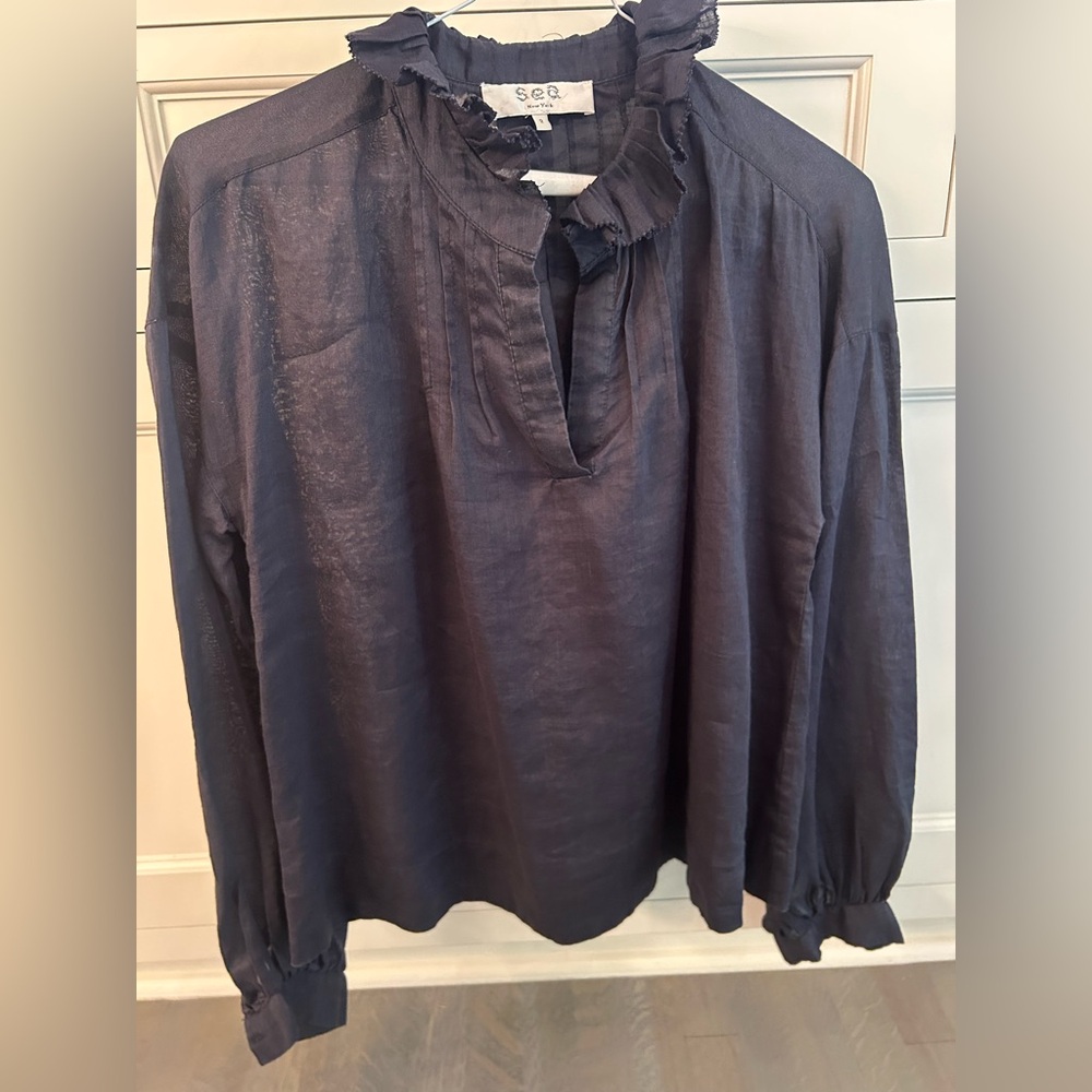 SEA New York Midnight Blue Ruffle Blouse